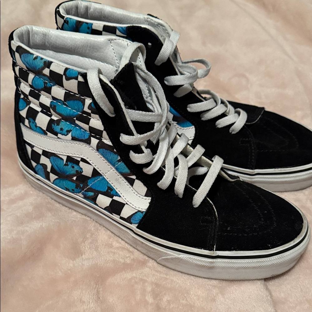 Vans Black, White & Blue Checkerboard Floral High-Top Sneakers